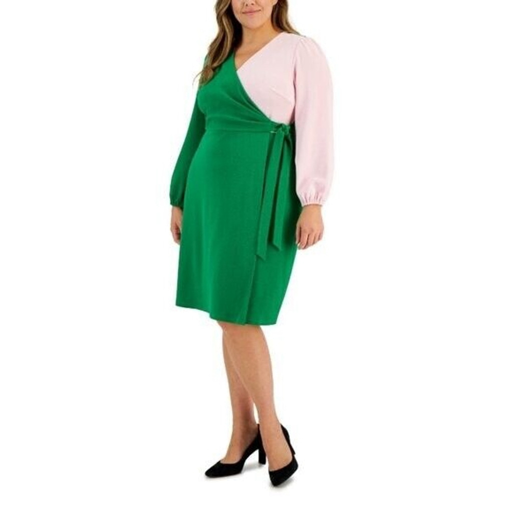 KASPER Plus Size Colorblocked Surplice Green and Pink Side-Tie Dress NWT